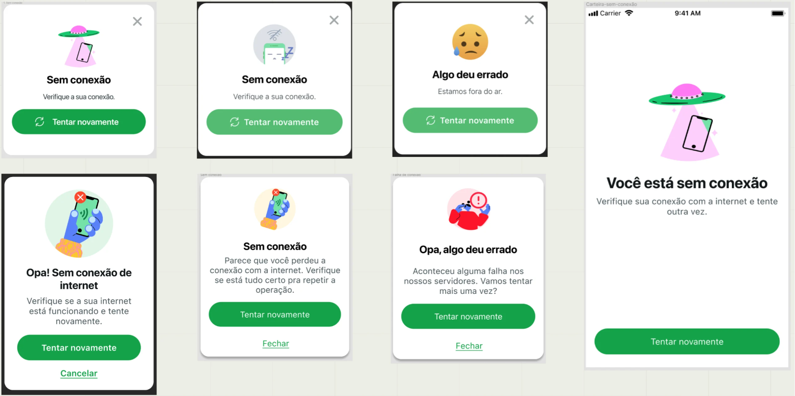 Grid de telas de erro de conexão e estados vazios padronizados do PicPay.